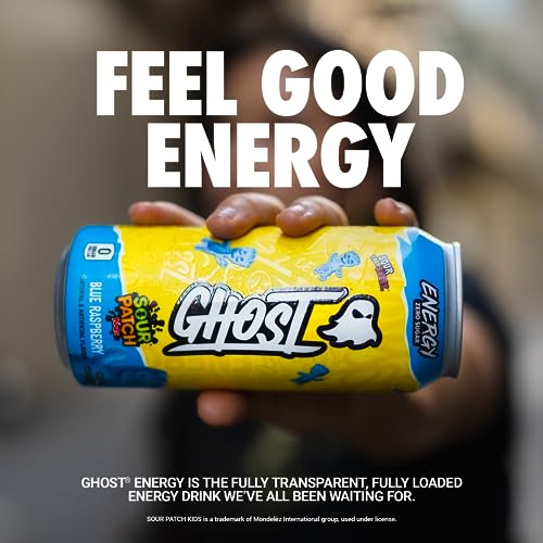GHOST Energy Drink - 12-Pack, Sour Patch Kids Blue Raspberry, 16oz - Energy & Focus & No Artificial Colors - 200mg Natural Caffeine, L-Carnitine & Taurine - Gluten-Free & Vegan-UPStoxs