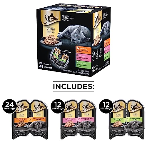 SHEBA Perfect Portions Cuts in Gravy Wet Cat Food Trays, Roasted Chicken, Gourmet Salmon and Tender Turkey Entrée Variety Pack, Easy Peel Twin-Pack Trays, 1.32 Ounce (Pack of 48)-UPStoxs