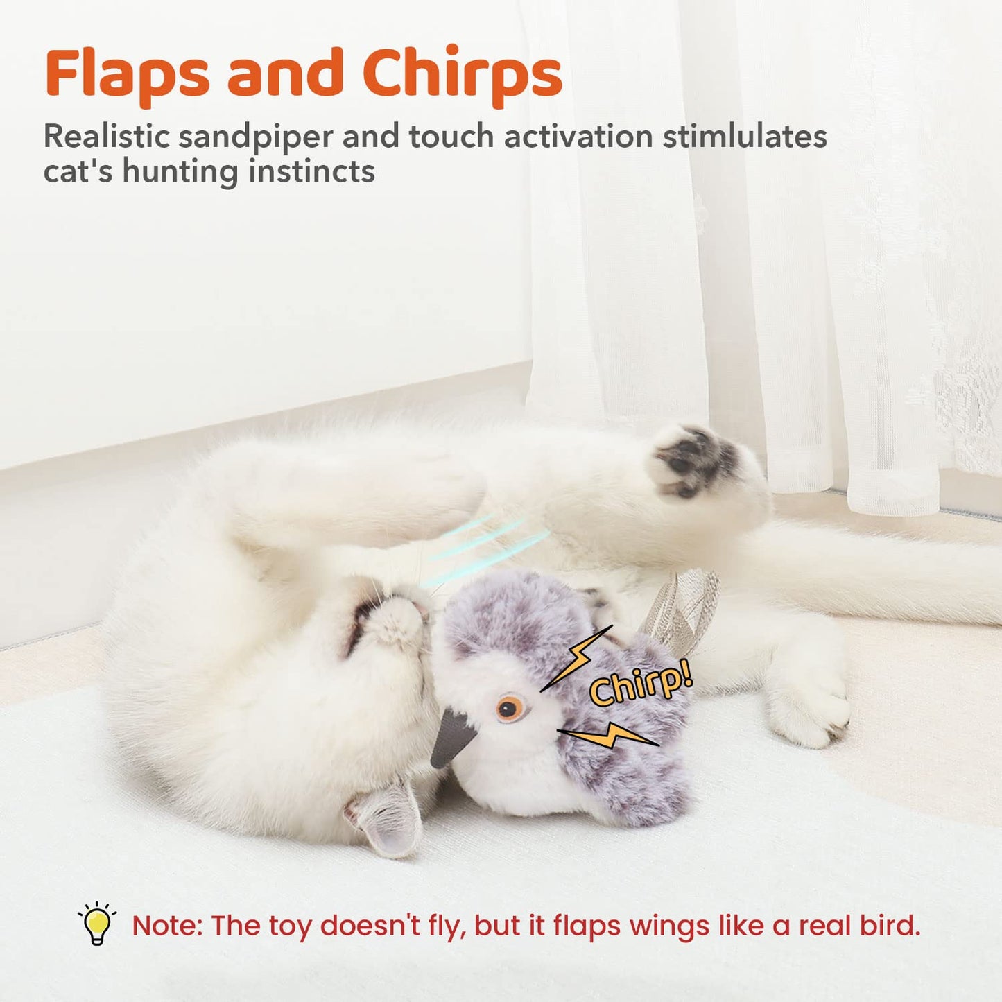 Potaroma Cat Toys Flapping Bird (No Flying), Lifelike Sandpiper Chirp Tweet, Rechargeable Touch Activated Kitten Toy Interactive Cat Exercise Toys for All Breeds Cat Kicker Catnip Toys 4.0"-UPStoxs