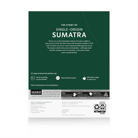 Starbucks K-Cup Coffee Pods, Dark Roast Coffee, Sumatra for Keurig Brewers, 100% Arabica, 4 boxes (96 pods total)-UPStoxs