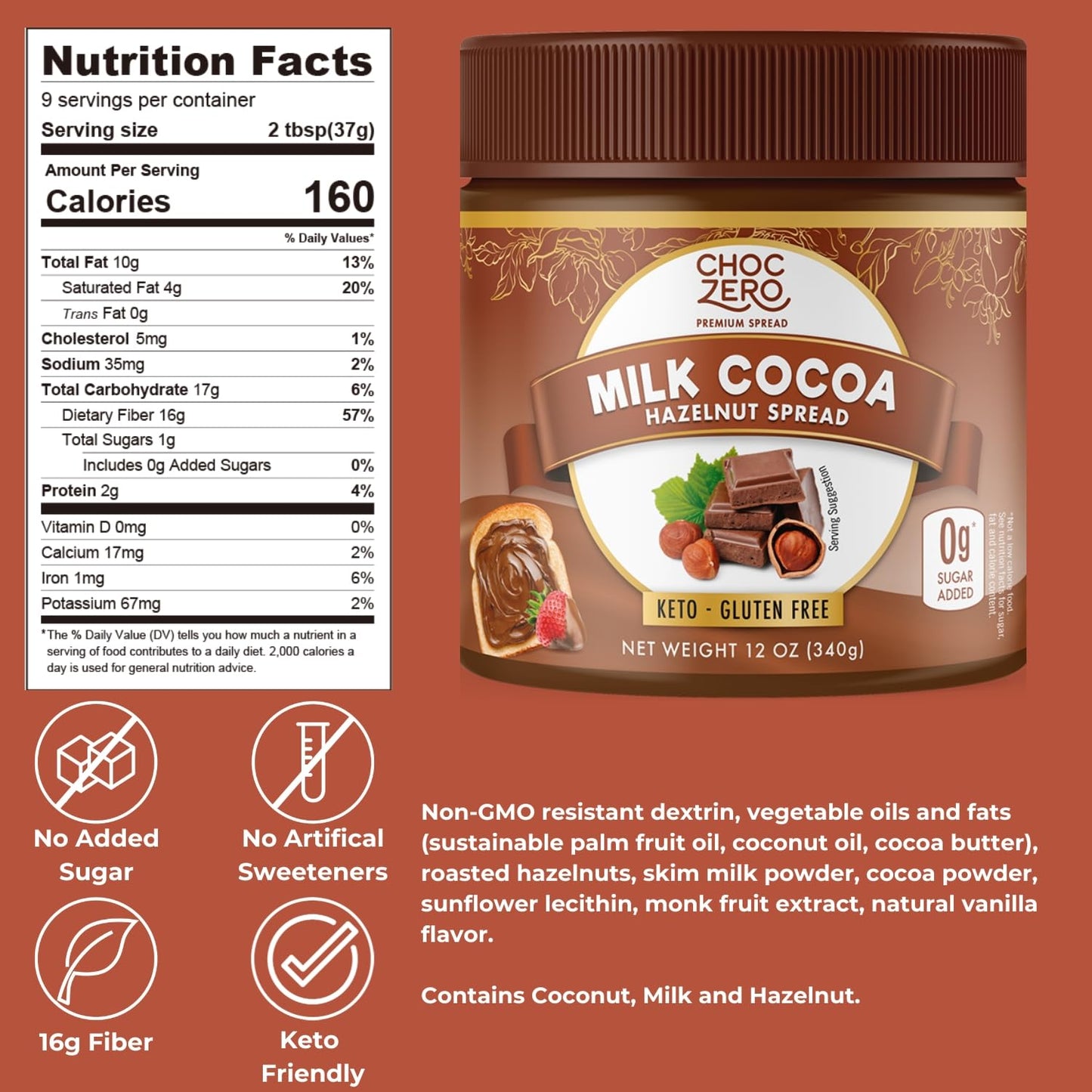 ChocZero Milk Chocolate Hazelnut Spread - Keto Friendly, No Sugar Added, Best Low Carb Dessert, Perfect Topping for Almond Flour Pancakes, Naturally Sweetened with Monk Fruit (1 jar, 12 oz)-UPStoxs