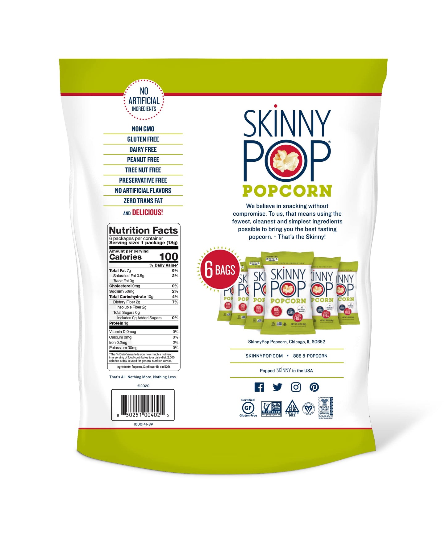 SkinnyPop Popcorn, Gluten Free, Dairy Free, Non-GMO, Healthy Snacks, Skinny Pop Original Popcorn Snack Packs, 0.65oz Individual Size Snack Bags (6 Count) (Packaging May Vary)-UPStoxs