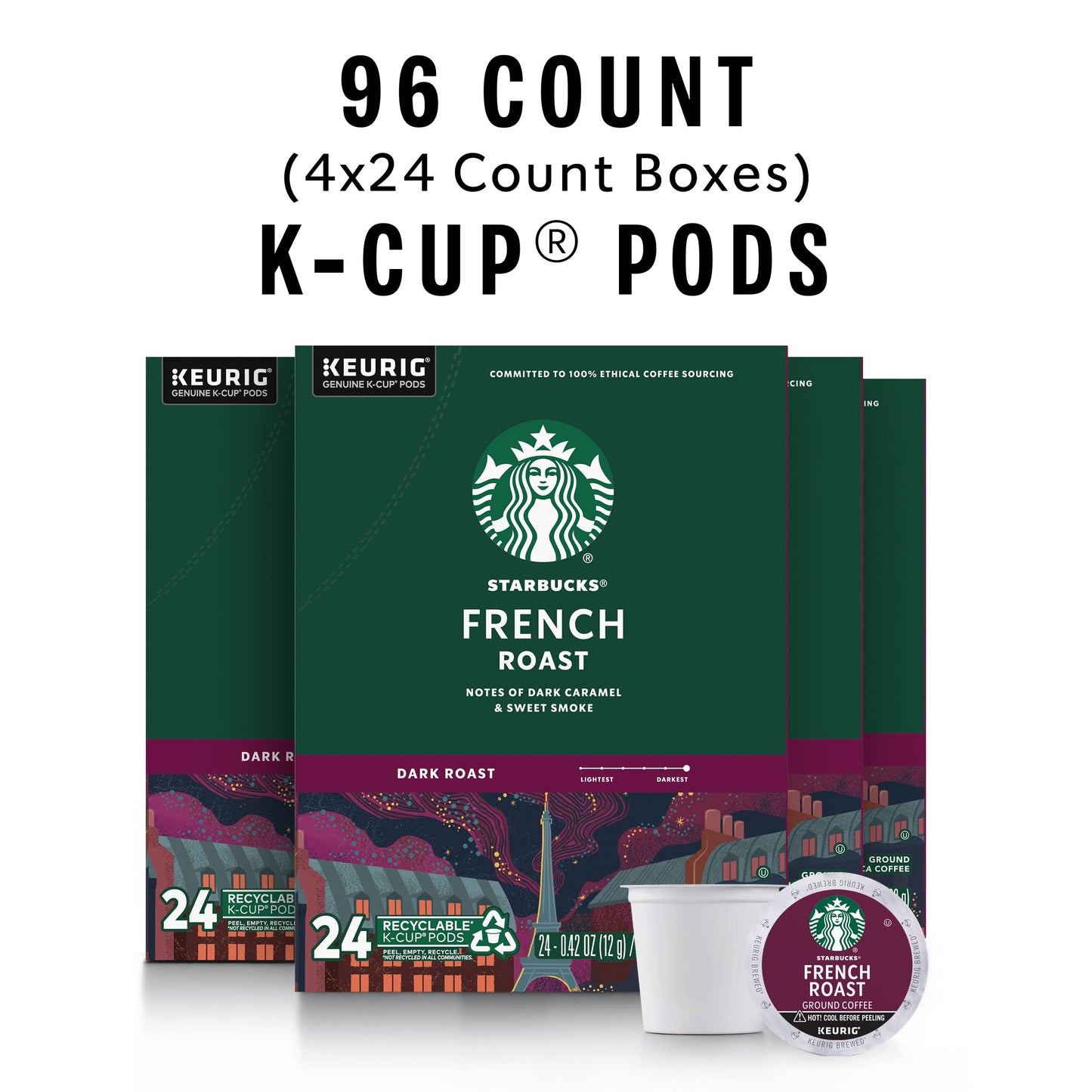 Starbucks K-Cup Coffee Pods, Dark Roast Coffee, French Roast for Keurig Brewers, 100% Arabica, 4 boxes (96 pods total)-UPStoxs