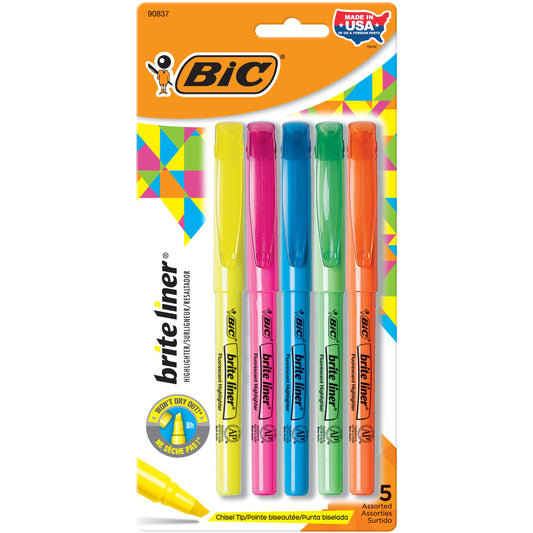 BIC Brite Liner Highlighters, Chisel Tip, 5-Count Pack of Highlighters Assorted Colors, Ideal Highlighter Set for Organizing and Coloring-UPStoxs