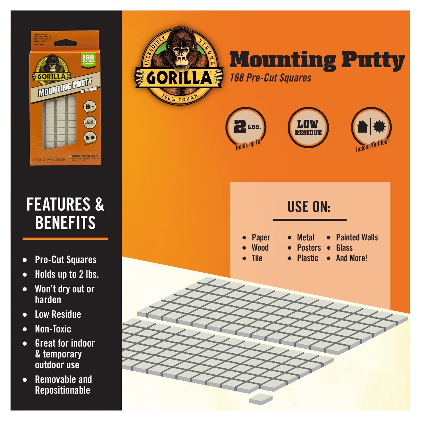 Gorilla Mounting Putty, Non-Toxic Hanging Adhesive, Removeable & Repositionable, 168 Pre-Cut Squares, 4oz/113g, Natural Tan Color, (Pack of 1)-UPStoxs