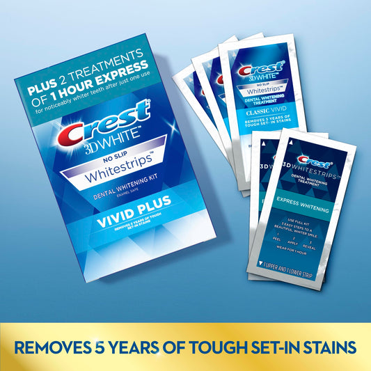 Crest 3DWhitestrips Vivid Plus 10 Treatments + 1 Hour Express 2 Treatments Teeth Whitening Kit, 8 Levels Whiter-UPStoxs