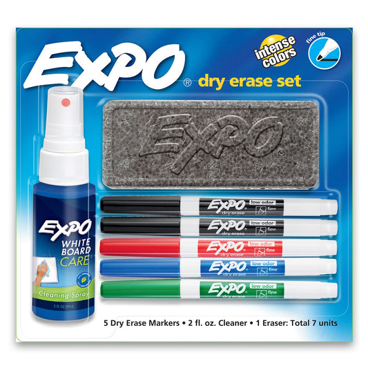 EXPO Low Odor Dry Erase Marker Set with White Board Eraser and Cleaner, Fine Tip Dry Erase Markers, Assorted Colors, 7 Piece Set with Whiteboard Cleaner-UPStoxs