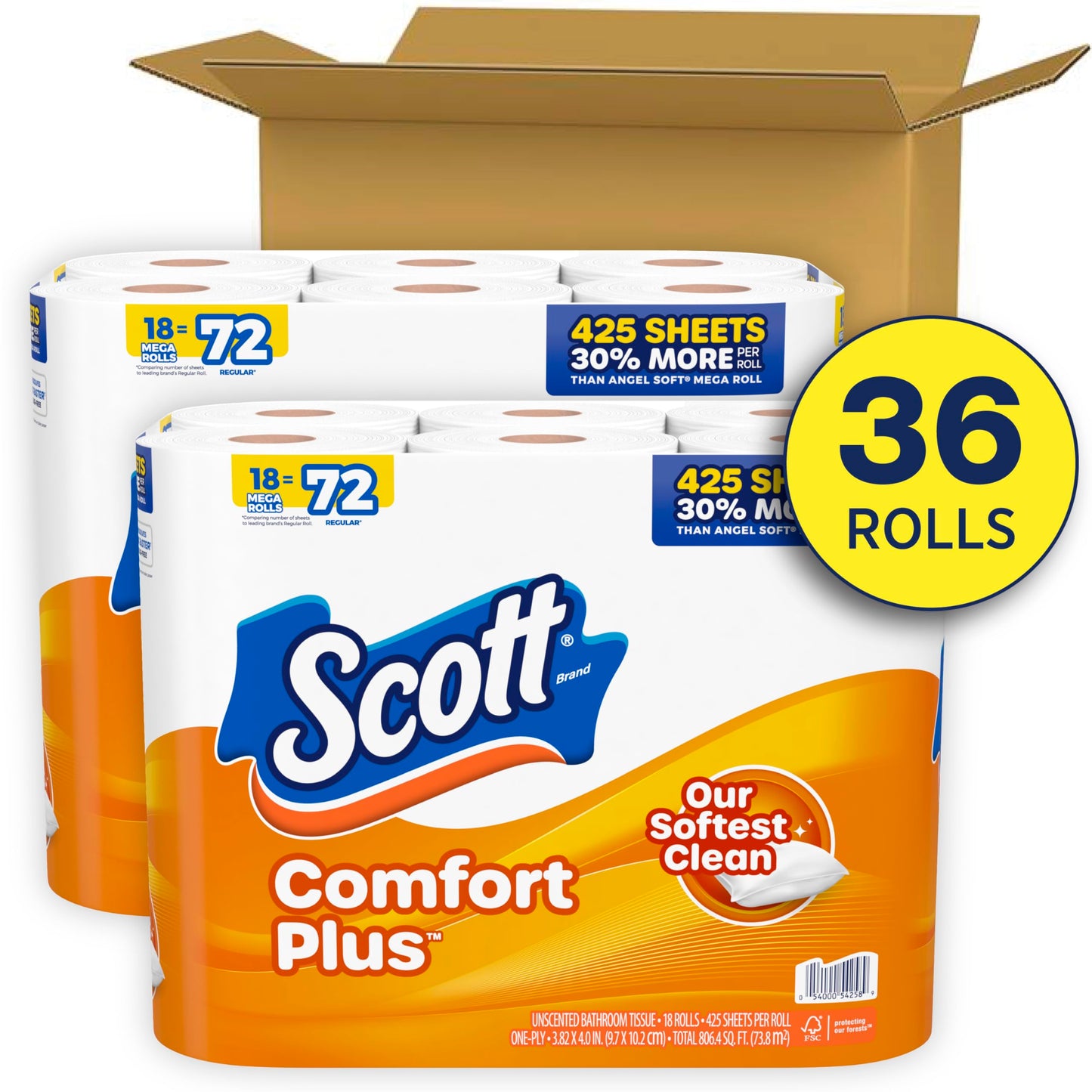 Scott ComfortPlus Toilet Paper, 36 Mega Rolls (2 Packs of 18), 425 Sheets per Roll, Septic-Safe, 1-Ply Toilet Tissue-UPStoxs