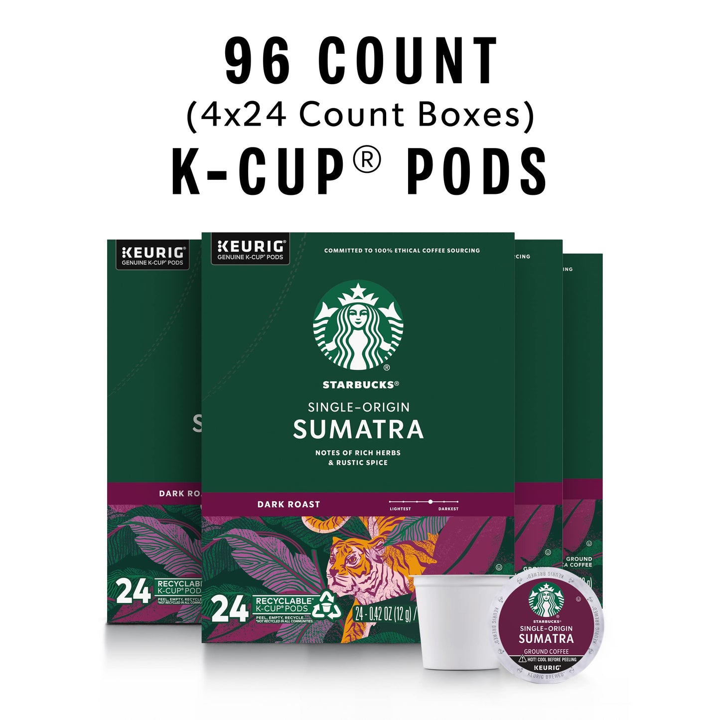 Starbucks K-Cup Coffee Pods, Dark Roast Coffee, Sumatra for Keurig Brewers, 100% Arabica, 4 boxes (96 pods total)-UPStoxs