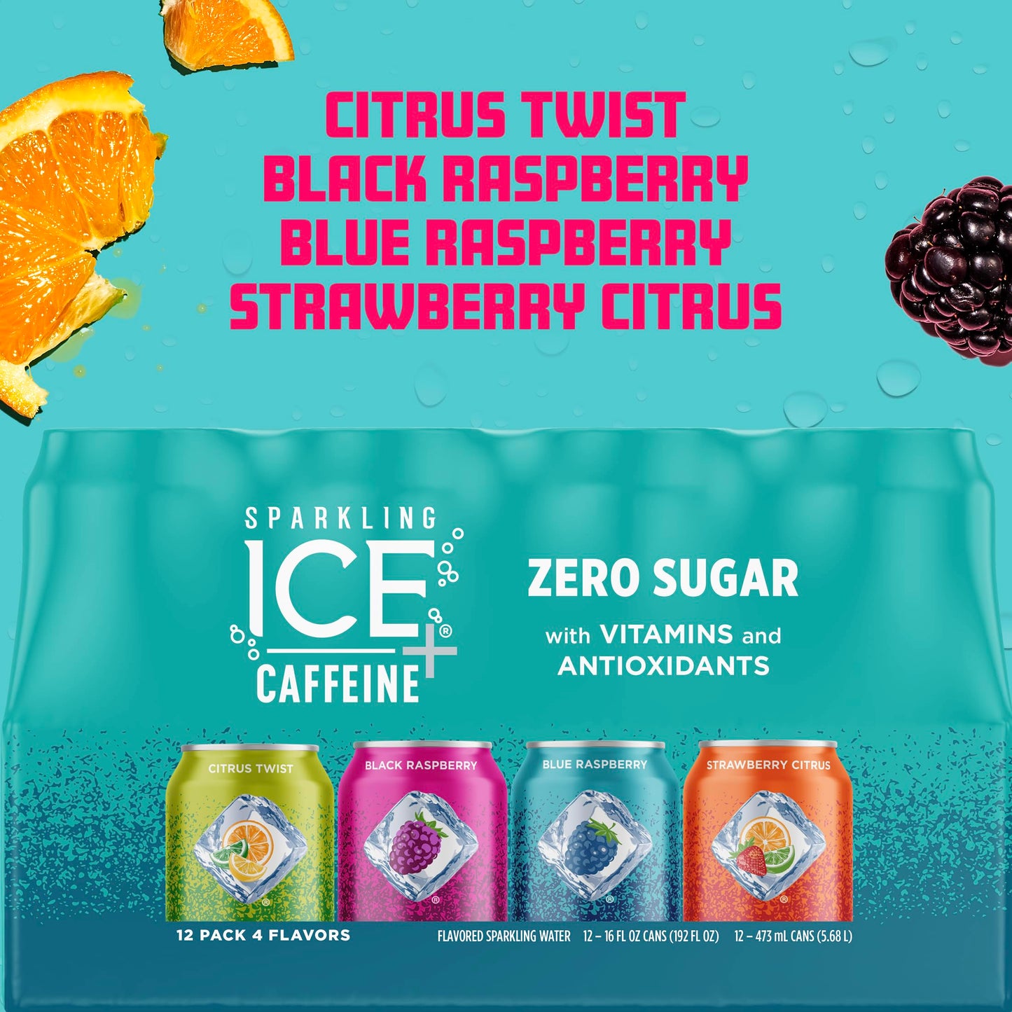 Sparkling Ice +Caffeine Variety Pack, Flavored Sparkling Water, Zero Sugar, with Vitamins and Antioxidants, 16 fl oz, 12 count (Citrus Twist, Black Raspberry, Blue Raspberry, Strawberry Citrus)-UPStoxs