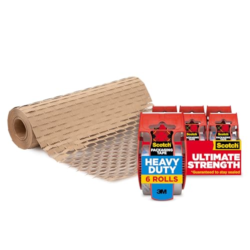 Scotch Packaging Bundle with Scotch Heavy Duty Packaging Tape, 1.5" Core, 6 Rolls with Dispenser + Scotch Cushion Lock Protective Wrap, 12 in x 50 ft-UPStoxs