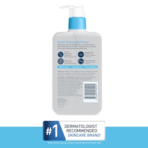 CeraVe SA Cleanser | Salicylic Acid Cleanser with Hyaluronic Acid, Niacinamide & Ceramides| BHA Exfoliant for Face | Fragrance Free Non-Comedogenic | 16 Ounce-UPStoxs