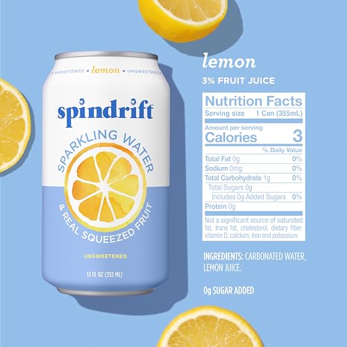 Spindrift Sparkling Water, Lemon Flavored, Made with Real Squeezed Fruit, 12 Fl Oz Cans, Pack of 24 (Only 3 Calories per Can)-UPStoxs