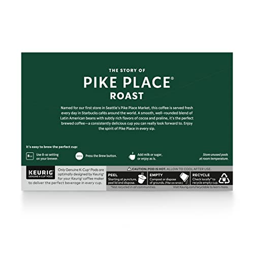 Starbucks K-Cup Coffee Pods, Medium Roast Coffee, Pike Place Roast for Keurig Brewers, 100% Arabica, 6 boxes (60 pods total)-UPStoxs