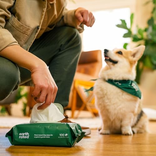 Earth Rated Hypoallergenic Dog Wipes, Cleaning and Odor-Controlling Grooming Wipes for Paws, Body, and Butt, Perfect for Puppy and Adult Dogs, Unscented, 100 Count-UPStoxs