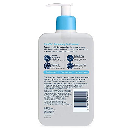 CeraVe SA Cleanser | Salicylic Acid Cleanser with Hyaluronic Acid, Niacinamide & Ceramides| BHA Exfoliant for Face | Fragrance Free Non-Comedogenic | 16 Ounce-UPStoxs
