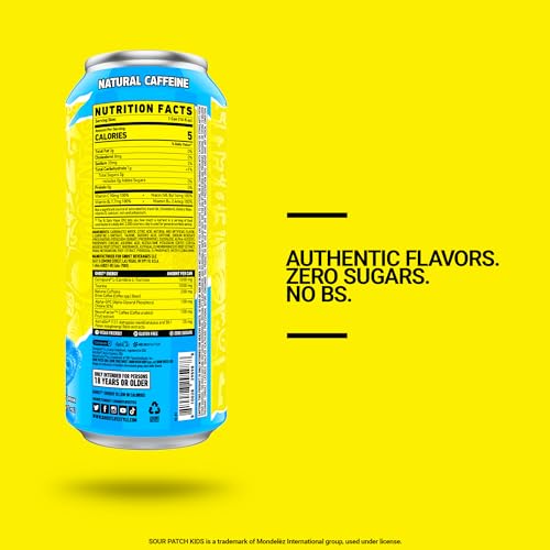 GHOST Energy Drink - 12-Pack, Sour Patch Kids Blue Raspberry, 16oz - Energy & Focus & No Artificial Colors - 200mg Natural Caffeine, L-Carnitine & Taurine - Gluten-Free & Vegan-UPStoxs