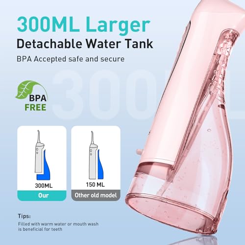 COSLUS Water Dental Flosser Teeth Pick: Portable Cordless Oral Irrigator 300ML Rechargeable Travel Irrigation Cleaner IPX7 Waterproof Electric Waterflosser for Teeth Cleaning F5020E Pink-UPStoxs