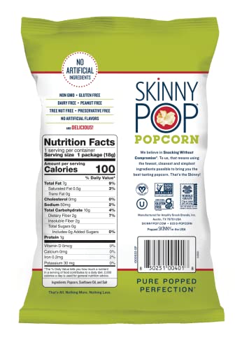 SkinnyPop Original Popcorn, Individual Snack Size Bags, Skinny Pop, Healthy Popcorn Snacks, Gluten Free, 0.65 Ounce (Pack of 30)-UPStoxs