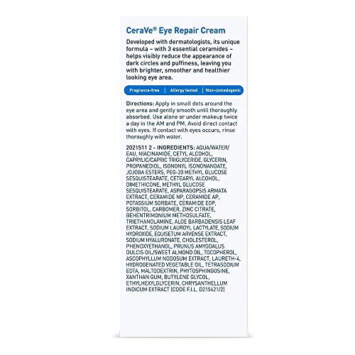 CeraVe Eye Repair Cream | Under Eye Cream For Puffiness And Bags Under Eyes | Hyaluronic Acid + Niacinamide + Marine Botanical Complex | Hydrating Eye Cream | Oil Free & Opthalmologist Tested-UPStoxs