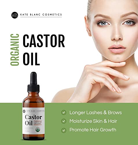 Kate Blanc Cosmetics Castor Oil (2oz), USDA Certified Organic, 100% Pure, Cold Pressed, Hexane Free. Stimulate Growth for Eyelashes, Eyebrows, Hair. Skin Moisturizer & Hair Treatment Starter Kit-UPStoxs