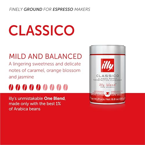 illy Classico Espresso Ground Coffee, Medium Roast, Classic Roast with Notes of Chocolate & Caramel, 100% Arabica Coffee, All-Natural, No Preservatives, 8.8 oz, Ground for Espresso Machines-UPStoxs