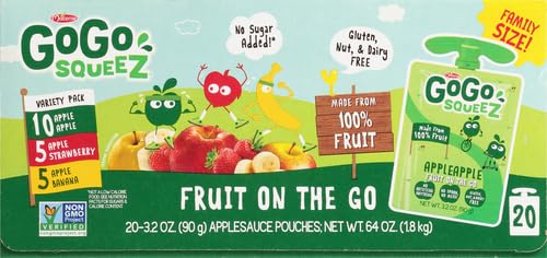 GoGo squeeZ Fruit on the Go Variety Pack, Apple, Banana & Strawberry, 3.2 oz (Pack of 20), Unsweetened Snacks for Kids, Gluten Free, Nut and Dairy Free, Recloseable Cap, BPA Free Pouches-UPStoxs