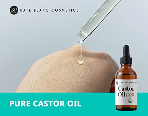 Kate Blanc Cosmetics Castor Oil (2oz), USDA Certified Organic, 100% Pure, Cold Pressed, Hexane Free. Stimulate Growth for Eyelashes, Eyebrows, Hair. Skin Moisturizer & Hair Treatment Starter Kit-UPStoxs