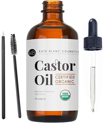 Kate Blanc Cosmetics Castor Oil (2oz), USDA Certified Organic, 100% Pure, Cold Pressed, Hexane Free. Stimulate Growth for Eyelashes, Eyebrows, Hair. Skin Moisturizer & Hair Treatment Starter Kit-UPStoxs