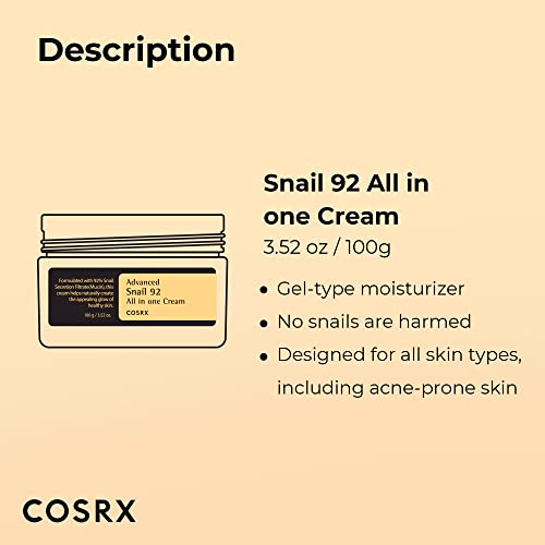 COSRX Snail Mucin 92% Repair Cream, Daily Face Gel Moisturizer for Dry Skin, Acne-prone, Sensitive Skin, Not Tested on Animals, No Parabens, Korean Skincare (3.52 Fl Oz (Pack of 1))-UPStoxs