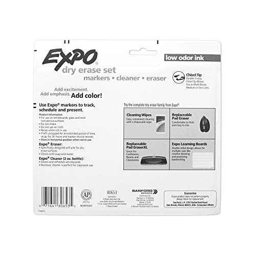 EXPO Low Odor Dry Erase Marker Set with White Board Eraser and Cleaner, Chisel Tip Dry Erase Markers, Assorted Colors, 6 Piece Set with Whiteboard Cleaner-UPStoxs