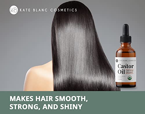 Kate Blanc Cosmetics Castor Oil (2oz), USDA Certified Organic, 100% Pure, Cold Pressed, Hexane Free. Stimulate Growth for Eyelashes, Eyebrows, Hair. Skin Moisturizer & Hair Treatment Starter Kit-UPStoxs