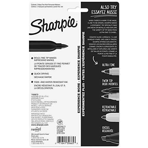 Sharpie Permanent Markers Set, Quick Drying And Fade Resistant Fine Tip Marker For Wood, Plastic, Paper, Metal, And More, Drawing, Coloring, And Poster Marker , Black, 5 Count-UPStoxs