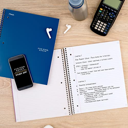 Five Star Spiral Notebook + Study App, 5 Subject, College Ruled Paper, Fights Ink Bleed, Water Resistant Cover, 8-1/2" x 11", 200 Sheets, Blue (73635)-UPStoxs