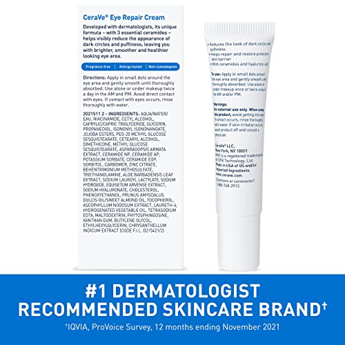 CeraVe Eye Repair Cream | Under Eye Cream For Puffiness And Bags Under Eyes | Hyaluronic Acid + Niacinamide + Marine Botanical Complex | Hydrating Eye Cream | Oil Free & Opthalmologist Tested-UPStoxs