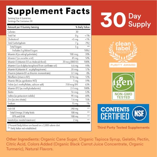 SmartyPants Kids Multivitamin Gummies: Omega 3 Fish Oil (EPA/DHA), Vitamin D3, C, Vitamin B12, B6, Vitamin A, K & Zinc for Immune Support, Gluten Free, Three Fruit Flavors, 120 Count (30 Day Supply)-UPStoxs