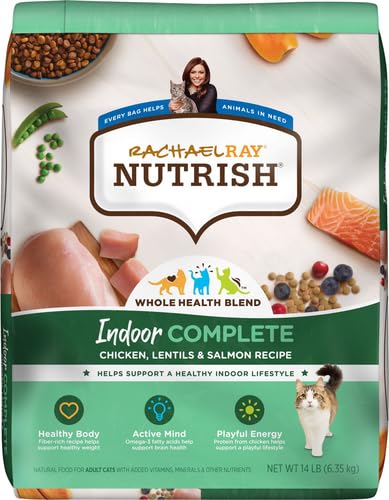 Rachael Ray Nutrish Indoor Complete Premium Natural Dry Cat Food with Added Vitamins, Minerals & Other Nutrients, Chicken with Lentils & Salmon Recipe, 14 Pounds (Packaging May Vary)-UPStoxs