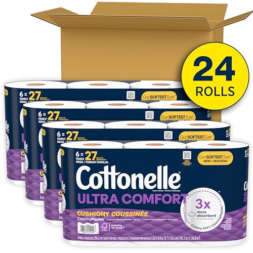 Cottonelle Ultra Comfort Toilet Paper with Cushiony CleaningRipples Texture, 24 Family Mega Rolls (24 Family Mega Rolls = 108 Regular Rolls) (4 Packs of 6), 296 Sheets per Roll, Packaging May Vary-UPStoxs