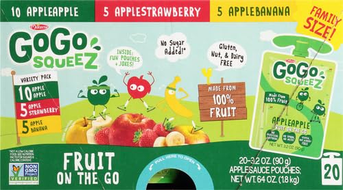 GoGo squeeZ Fruit on the Go Variety Pack, Apple, Banana & Strawberry, 3.2 oz (Pack of 20), Unsweetened Snacks for Kids, Gluten Free, Nut and Dairy Free, Recloseable Cap, BPA Free Pouches-UPStoxs