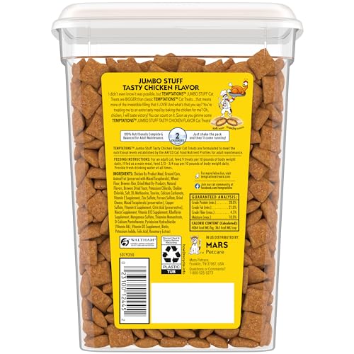 TEMPTATIONS Jumbo Stuff Crunchy and Soft Cat Treats, Tasty Chicken Flavor, 14 oz. Tub, (Pack of 1)-UPStoxs