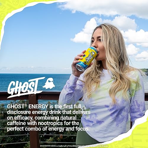 GHOST Energy Drink - 12-Pack, Sour Patch Kids Blue Raspberry, 16oz - Energy & Focus & No Artificial Colors - 200mg Natural Caffeine, L-Carnitine & Taurine - Gluten-Free & Vegan-UPStoxs