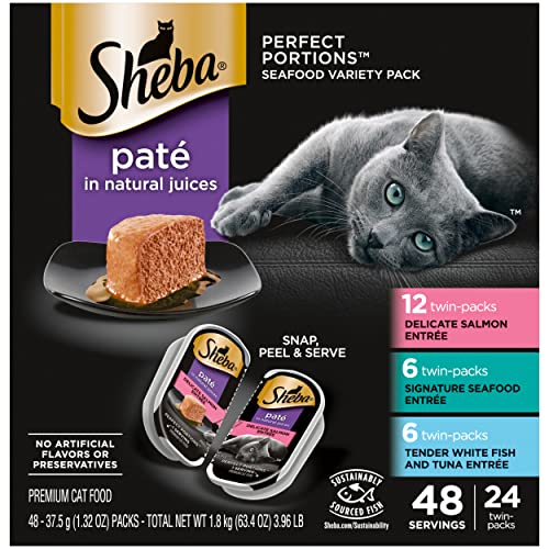 SHEBA Perfect Portions Paté Wet Cat Food Trays (24 Count, 48 Servings), Signature Seafood Entrée, Easy Peel Twin-Pack Trays-UPStoxs