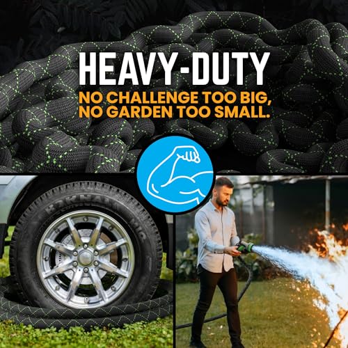 PowerFlow Garden Hose, NON-EXPANDABLE 25 Feet Premium Quality Stainless Steel Metal Water Hose with Durable Fabric Skin, Hose For Commercial, Residential Use, Bonus 10-way Spray Nozzle (25 Ft, Black)-UPStoxs
