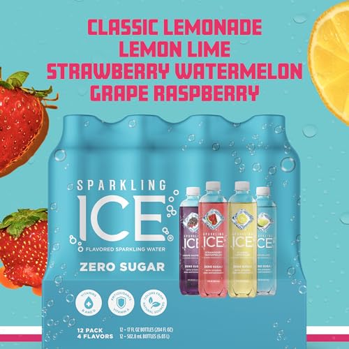 Sparkling Ice Blue Variety Pack, Zero Sugar Sparkling Water, with Vitamins and Antioxidants, 17 fl oz, 12 count (Classic Lemonade, Strawberry Watermelon, Grape Raspberry, Lemon Lime)-UPStoxs