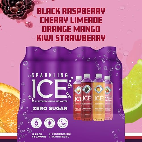 Sparkling Ice Purple Variety Pack, Flavored Water, Zero Sugar, with Vitamins and Antioxidants, 17 fl oz, 12 count (Black Raspberry, Cherry Limeade, Orange Mango, Kiwi Strawberry)-UPStoxs