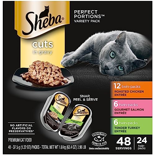 SHEBA Perfect Portions Cuts in Gravy Wet Cat Food Trays, Roasted Chicken, Gourmet Salmon and Tender Turkey Entrée Variety Pack, Easy Peel Twin-Pack Trays, 1.32 Ounce (Pack of 48)-UPStoxs