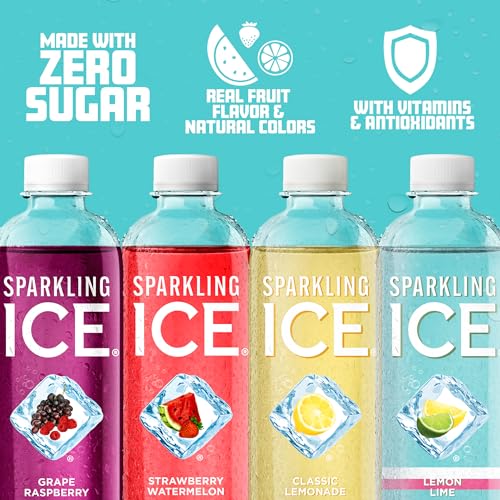 Sparkling Ice Blue Variety Pack, Zero Sugar Sparkling Water, with Vitamins and Antioxidants, 17 fl oz, 12 count (Classic Lemonade, Strawberry Watermelon, Grape Raspberry, Lemon Lime)-UPStoxs