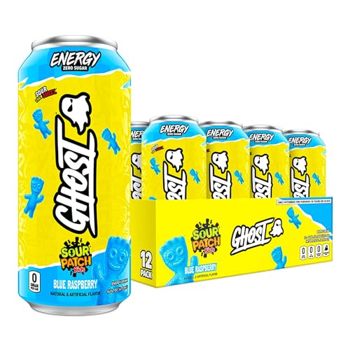 GHOST Energy Drink - 12-Pack, Sour Patch Kids Blue Raspberry, 16oz - Energy & Focus & No Artificial Colors - 200mg Natural Caffeine, L-Carnitine & Taurine - Gluten-Free & Vegan-UPStoxs