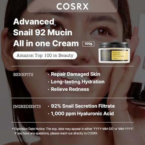 COSRX Snail Mucin 92% Repair Cream, Daily Face Gel Moisturizer for Dry Skin, Acne-prone, Sensitive Skin, Not Tested on Animals, No Parabens, Korean Skincare (3.52 Fl Oz (Pack of 1))-UPStoxs