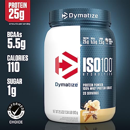 Dymatize ISO100 Hydrolyzed Protein Powder, 100% Whey Isolate, 25g of Protein, 5.5g BCAAs, Gluten Free, Fast Absorbing, Easy Digesting, Gourmet Vanilla, 20 Servings-UPStoxs